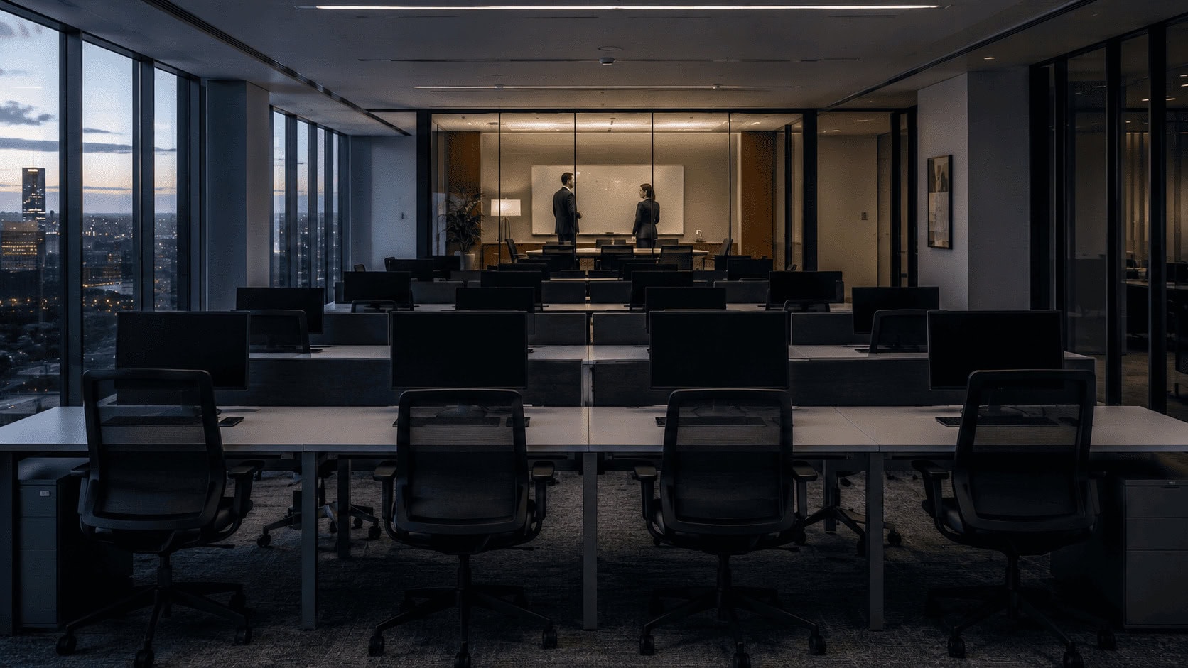 A near-empty corporate open-plan floor with rows of vacant desks, one occupied glass-walled executive office visible at the far end
