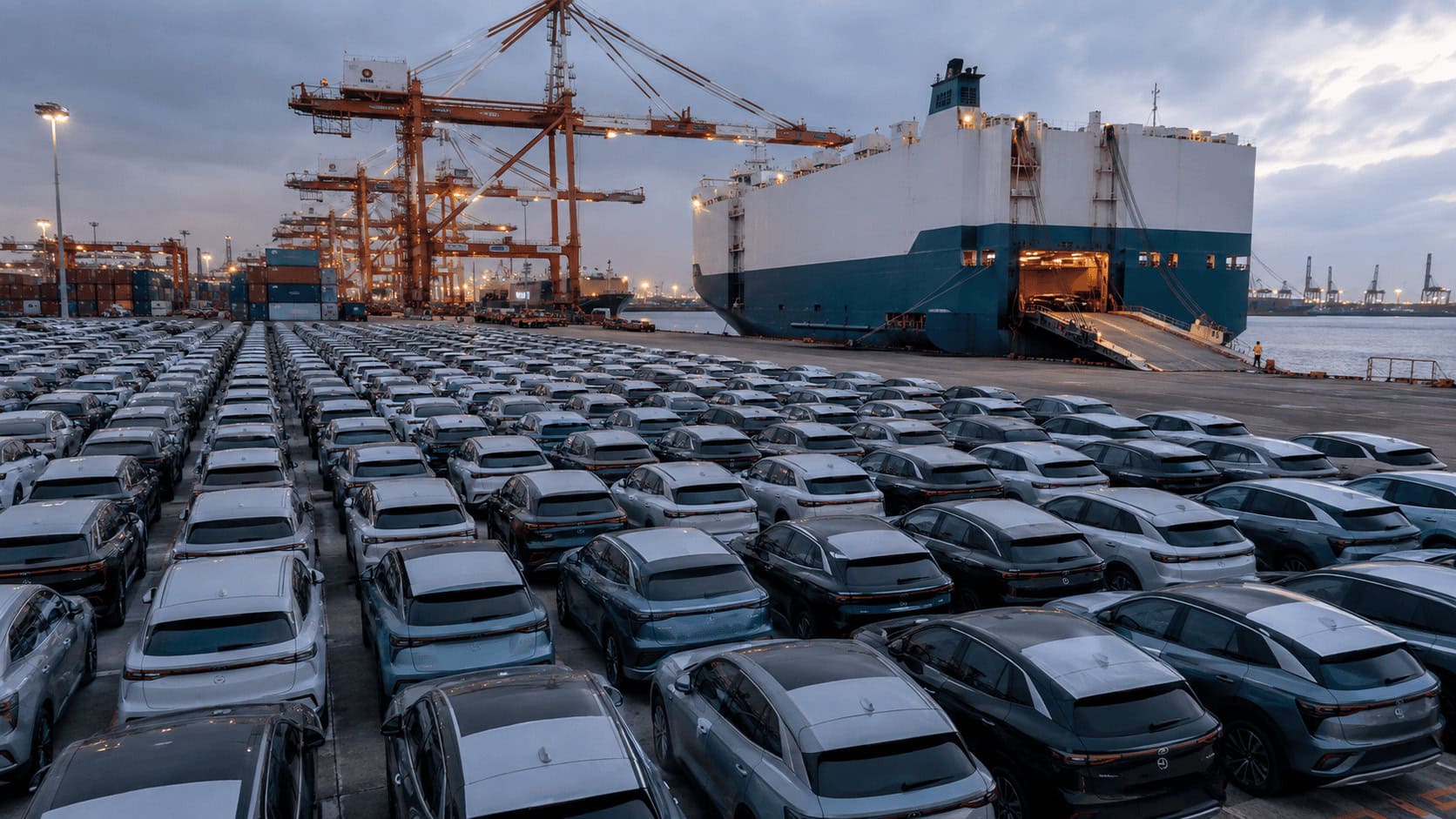 Rows of new Chinese electric vehicles parked at a roll-on roll-off export terminal awaiting shipment.