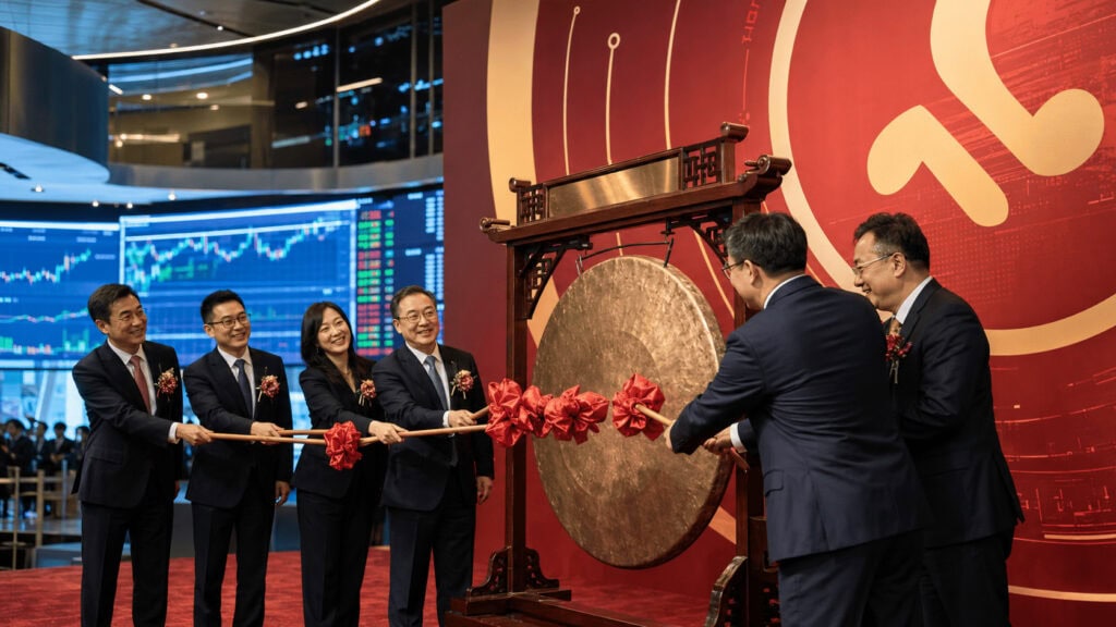 Executives strike the gong at a Hong Kong Stock Exchange listing ceremony for a Chinese AI company.