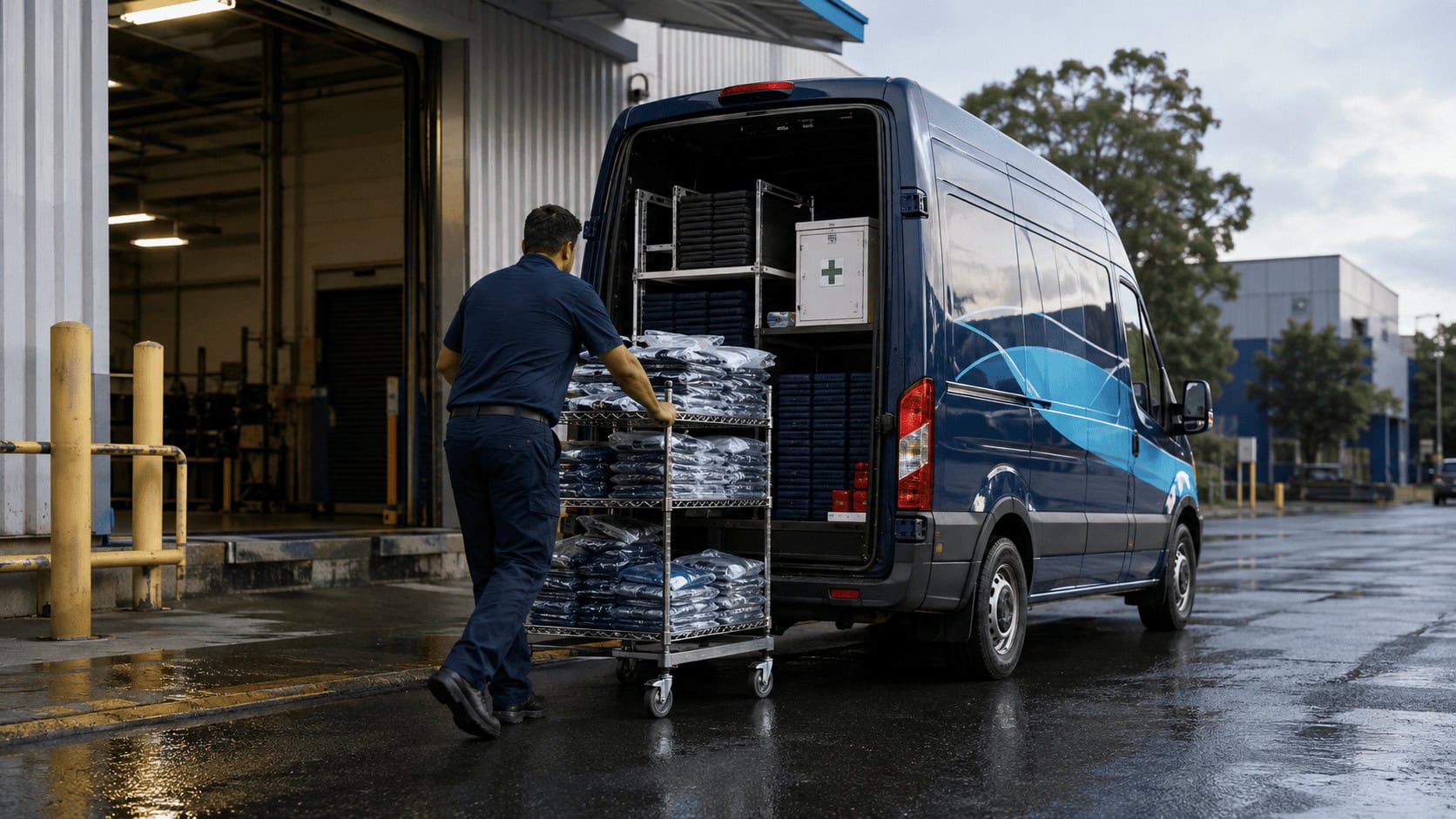 Cintas delivery driver loading folded work uniforms into a branded service van outside a manufacturing plant at dawn