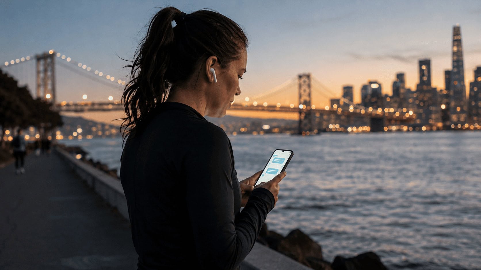 A runner paused on a San Francisco Bay waterfront path at dusk, holding up a phone with a chat interface open, Bay Bridge in the background.