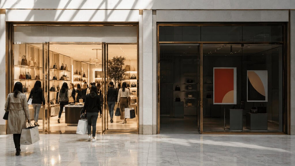 Two adjacent luxury handbag storefronts in an upscale shopping mall, one busy with shoppers and one quiet