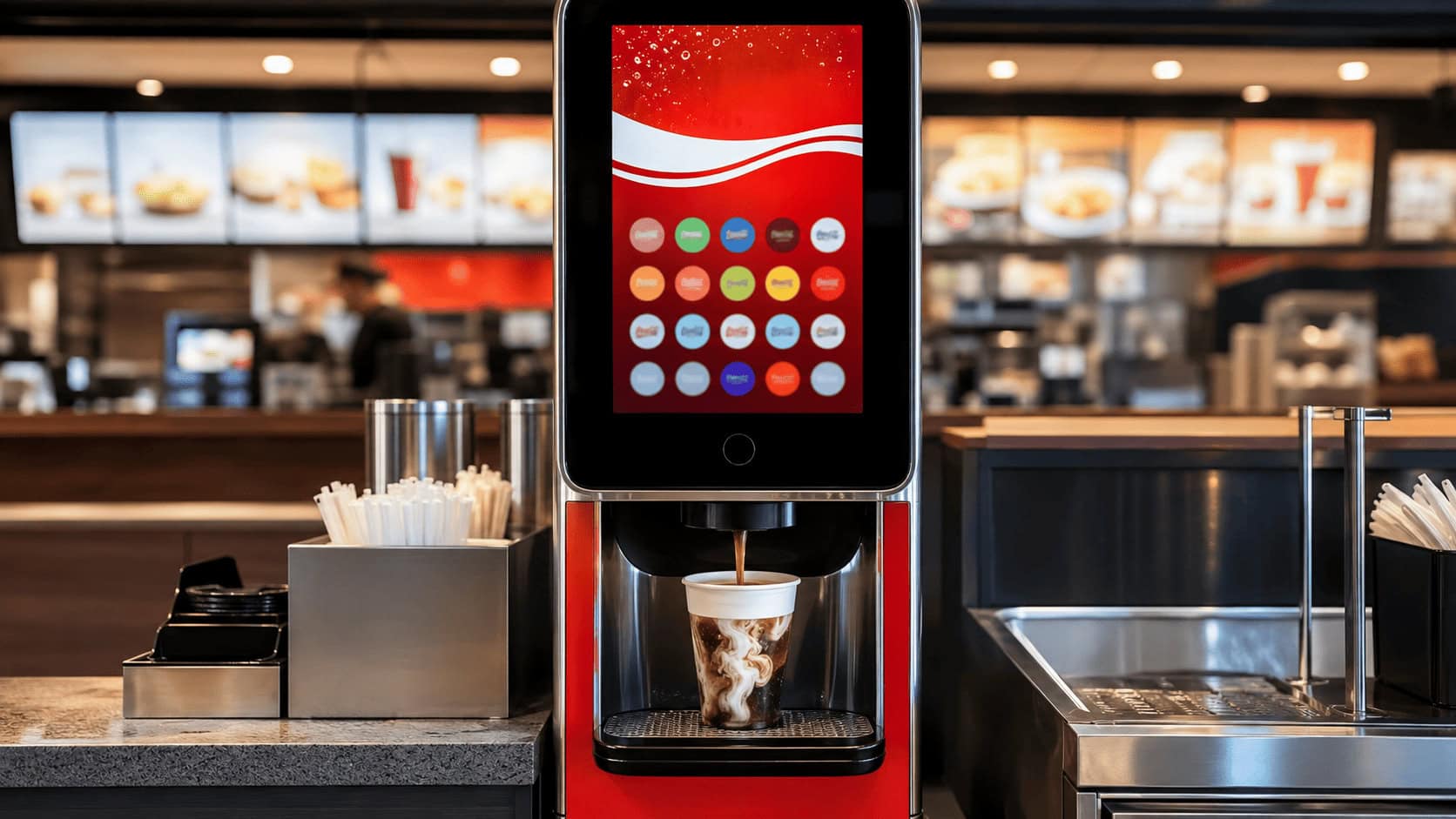 A Coca-Cola Freestyle touchscreen beverage dispenser on a restaurant service counter with a cup being filled.