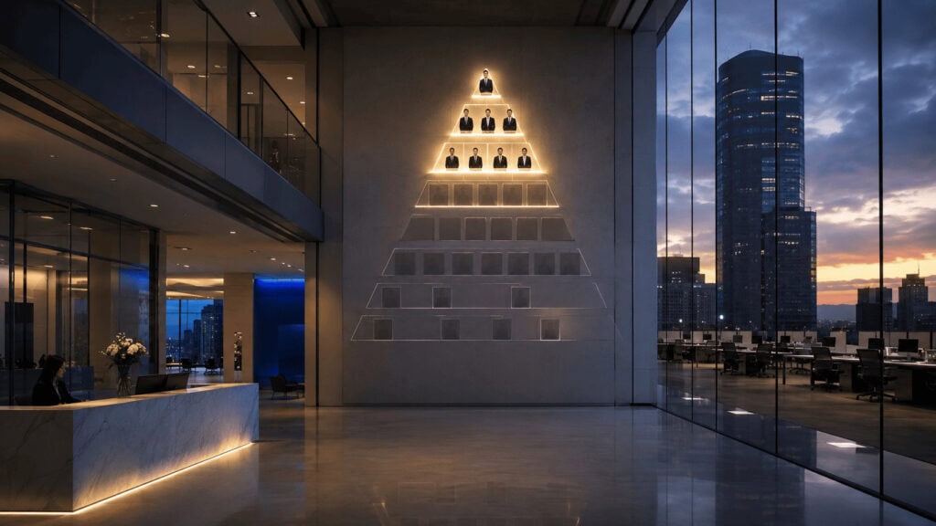 Dimmed lower rows of a pyramid-shaped org chart in a corporate consulting office, illustrating AI hollowing out the entry-level analyst base.