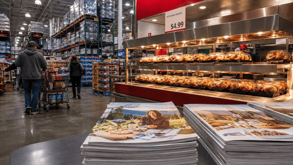 Interior of a Costco warehouse showing the rotisserie chicken counter with its $4.99 price sign and a stack of Costco Connection magazines in the foreground.