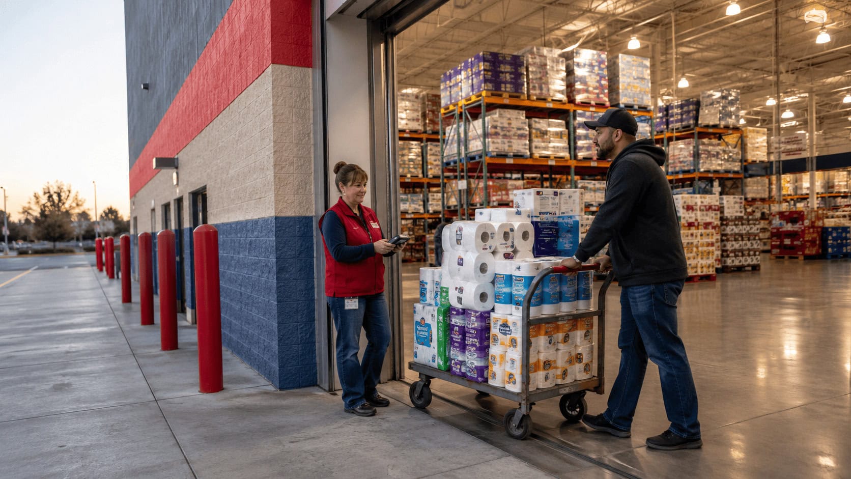 A Costco warehouse entrance at opening time with a membership card scanner and a shopper pushing an oversized flatbed cart toward the aisles