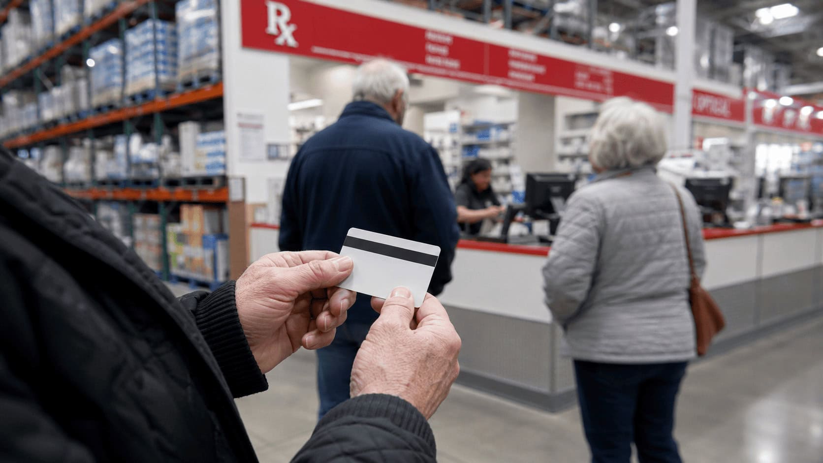 Older shoppers at a Costco warehouse pharmacy counter, where Medicare Advantage benefit card spending would be redeemed.