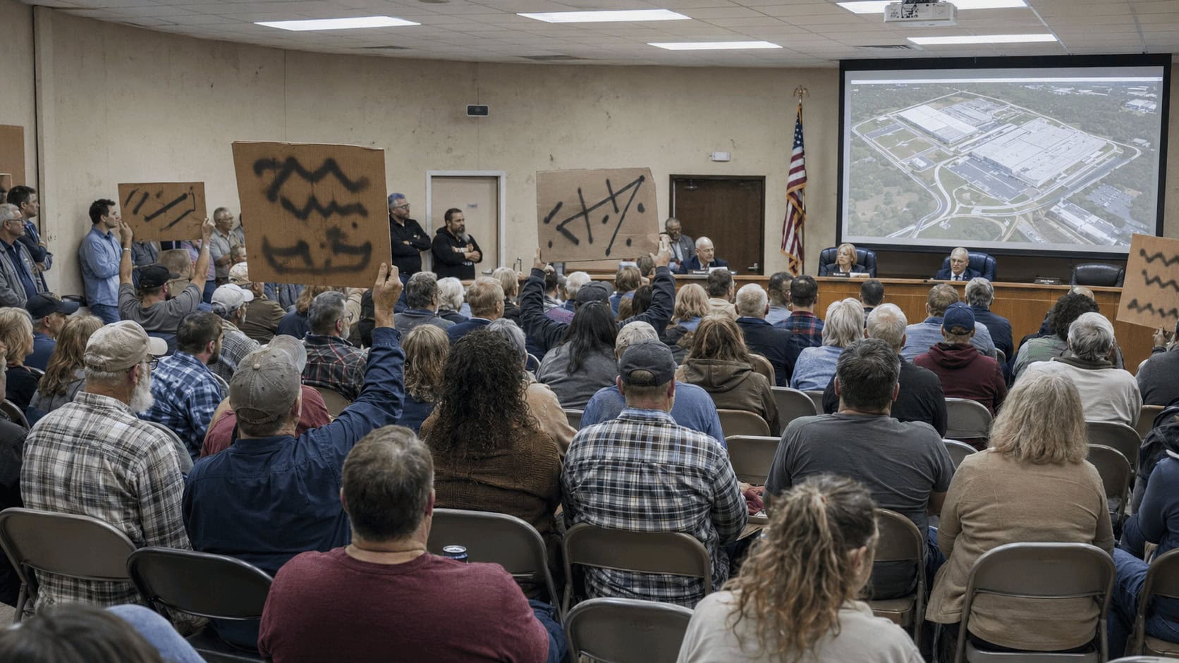 Residents packed into a rural county meeting room holding hand-lettered protest signs while officials review a data center site plan on a projector screen