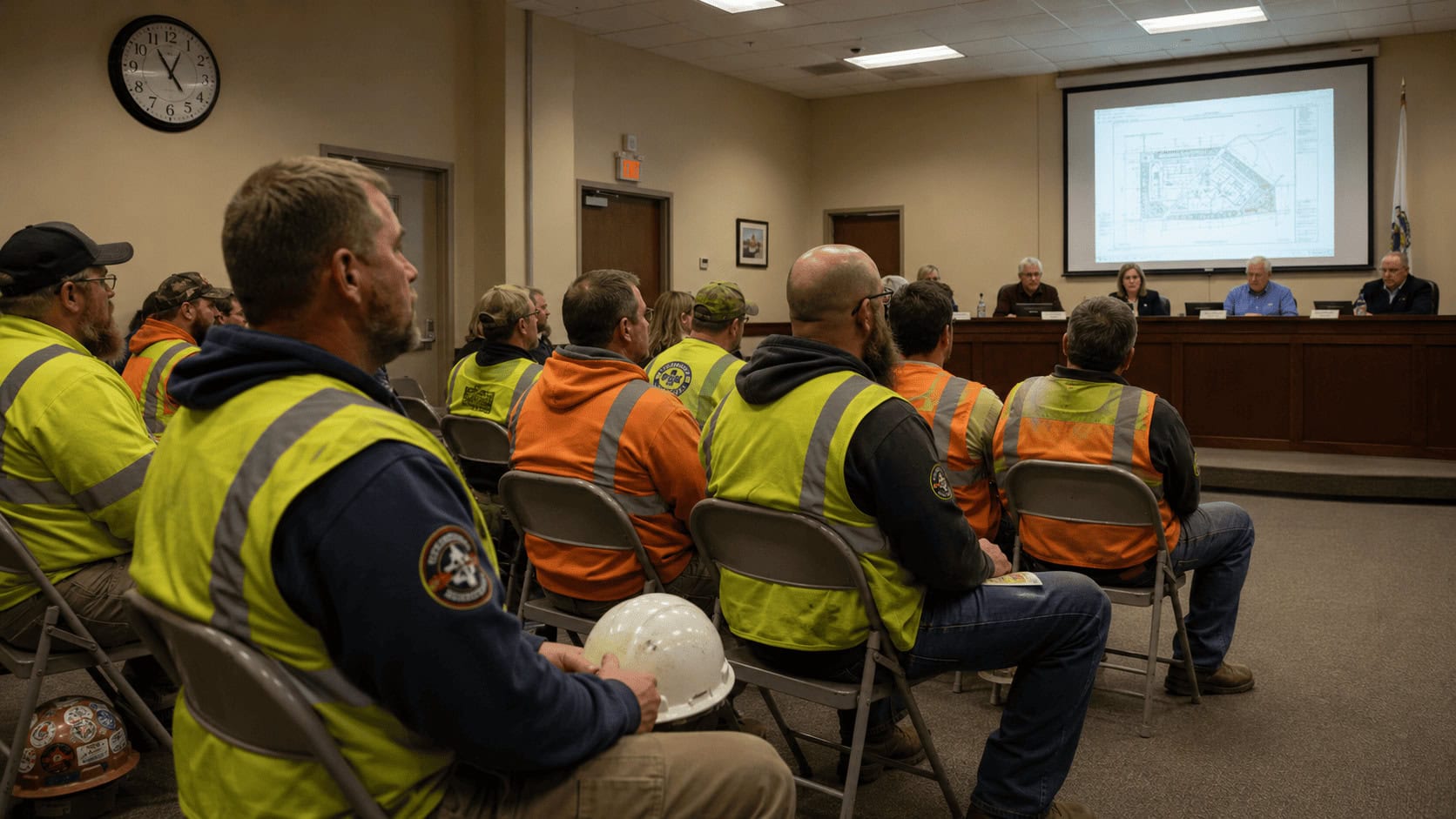 Construction workers in high-visibility vests and hard hats seated in the audience at a county planning commission hearing on a data center project