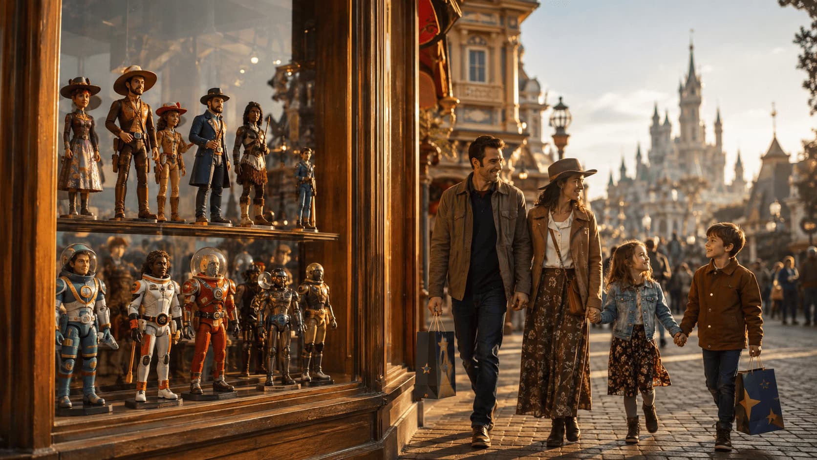 Families shopping at a Disney theme park with character merchandise in a store window and a castle in the background