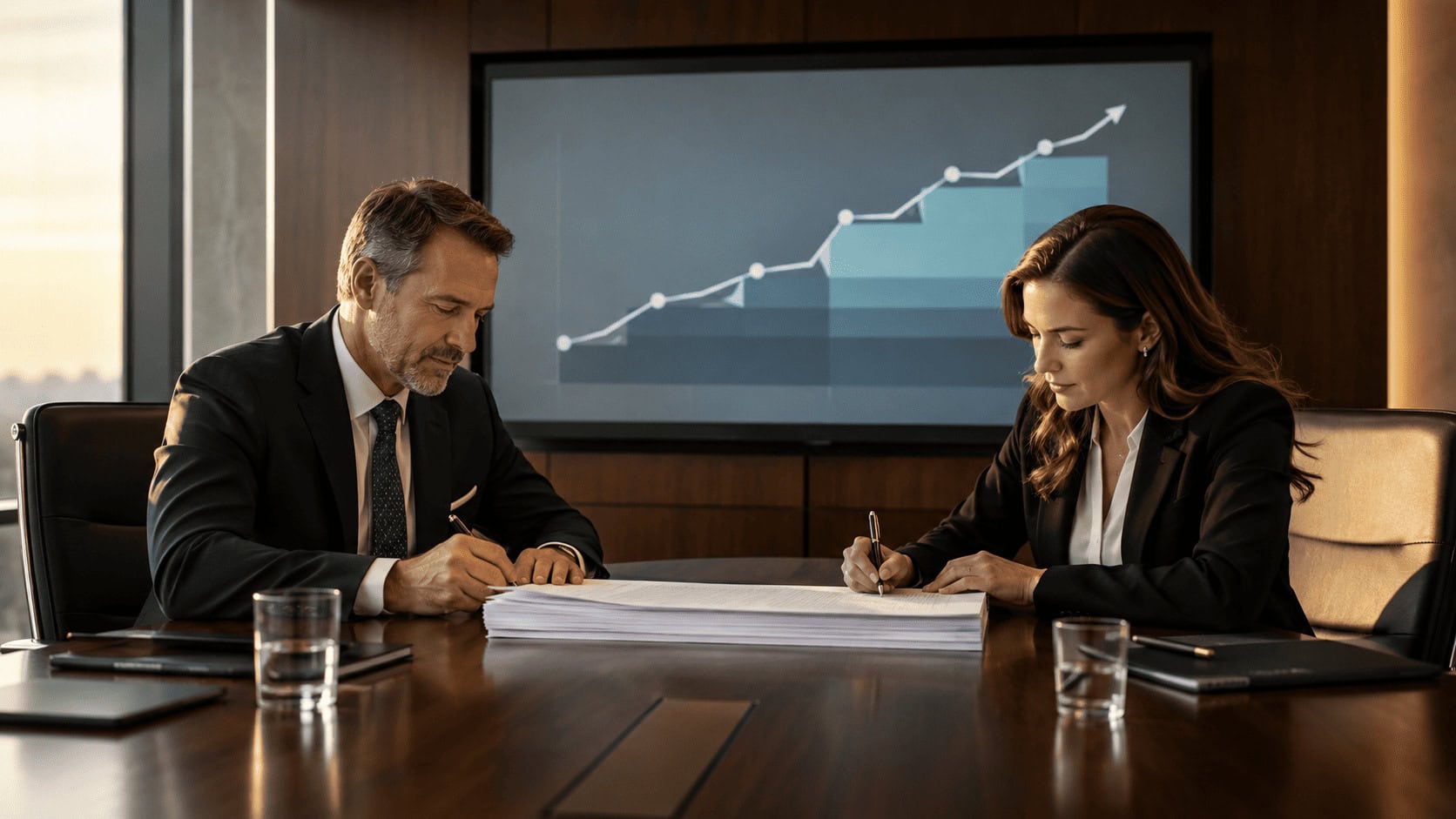 Two executives seated across a conference table signing an acquisition agreement, with a large financial chart on the wall screen behind them showing a payment threshold