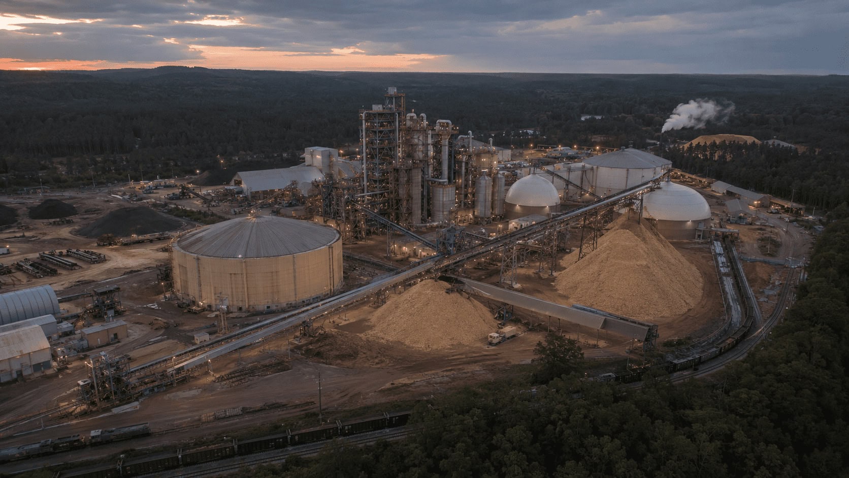 Aerial view of an industrial wood-pellet production plant surrounded by pine forest in the American Southeast