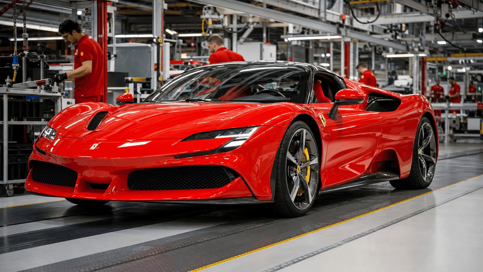 Red Ferrari hypercar on the assembly line at the Maranello factory