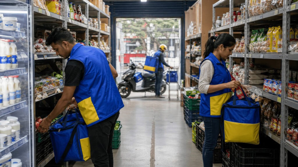 Workers picking grocery orders from stacked shelves inside a Flipkart Minutes dark store in India