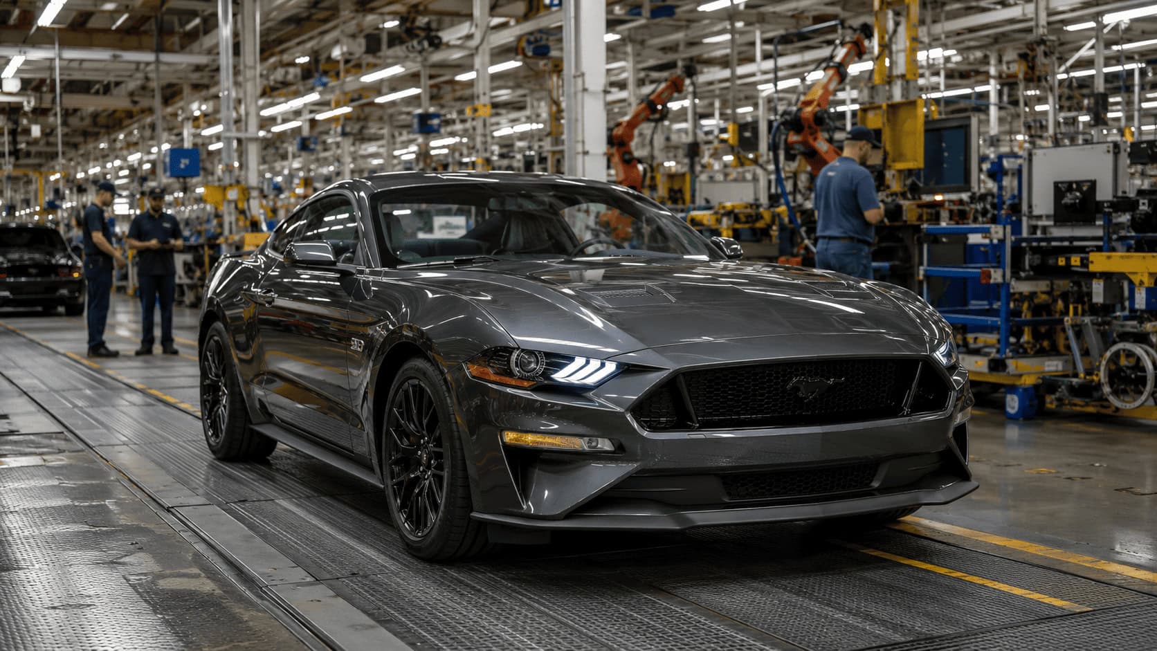 A gas-powered Ford Mustang coupe on a Michigan assembly line, the body style Ford is now extending to four doors