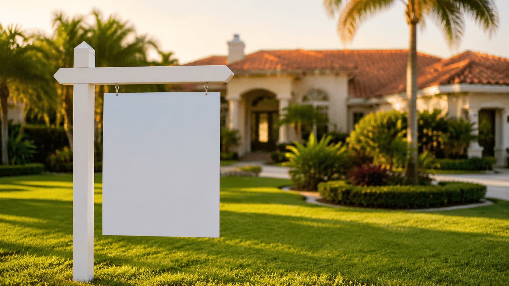 A real estate For Sale sign in the front yard of an upscale Florida-style home with palm trees under warm afternoon light