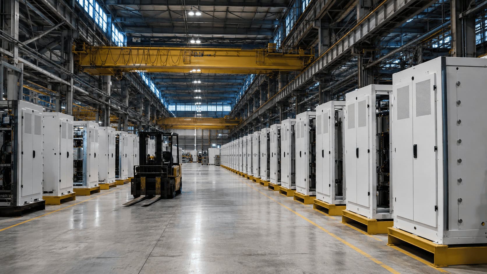 Rows of tall white iron-air battery enclosures lined up on a concrete floor inside Form Energy's Weirton, West Virginia factory