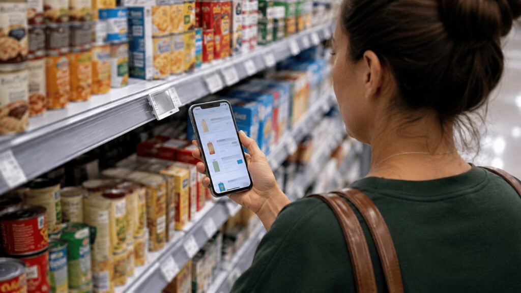 Shopper in a supermarket aisle comparing a shelf price tag against a different price displayed on a grocery app.