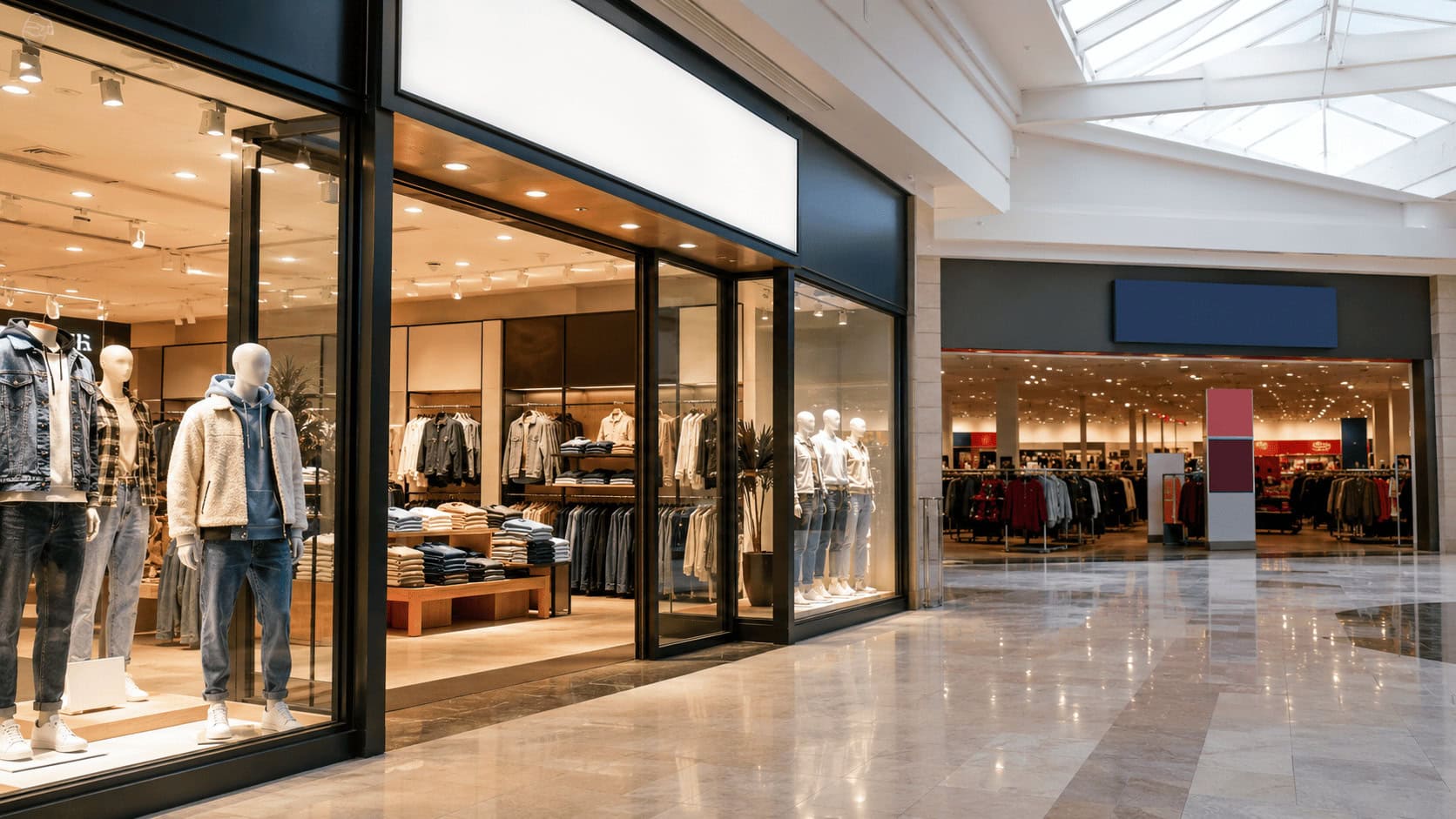 Bright casual apparel storefront in a US shopping mall with a much larger value-apparel store behind it