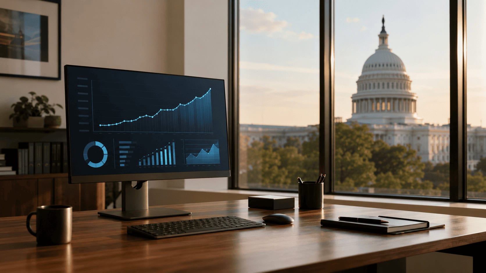 Empty office desk with a rising AI cost dashboard, the US Capitol visible through the window behind it