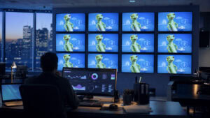 Anuncio de GEICO que se muestra en una hilera de pantallas de televisión en una oficina de compra de medios