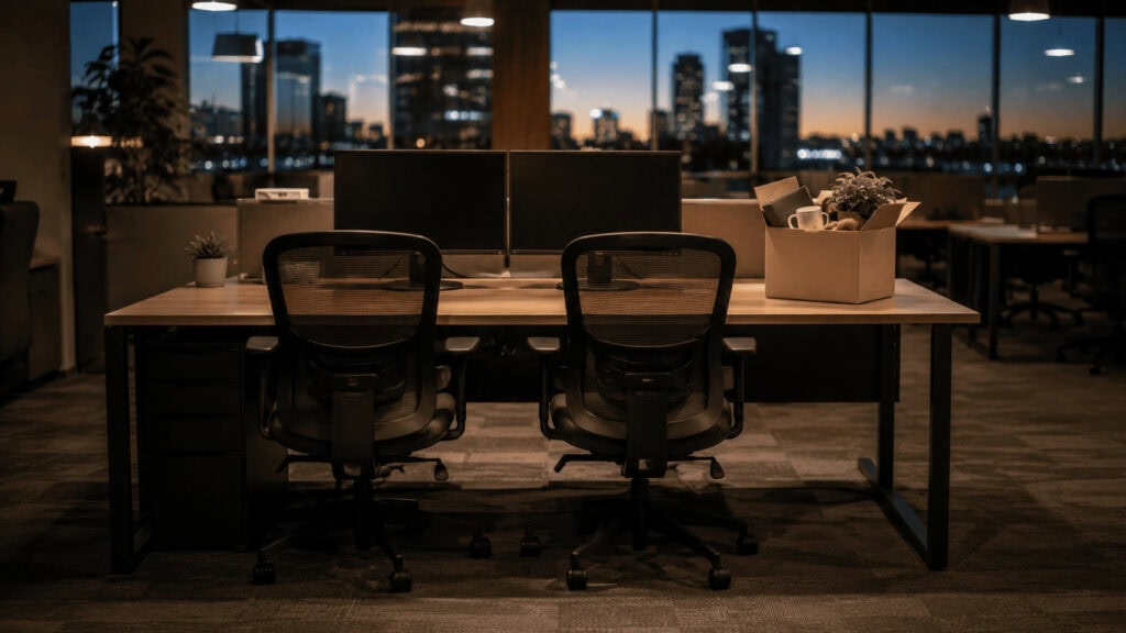 Empty desk with two vacant office chairs and an unopened new hire welcome box in a darkened open-plan office at dusk