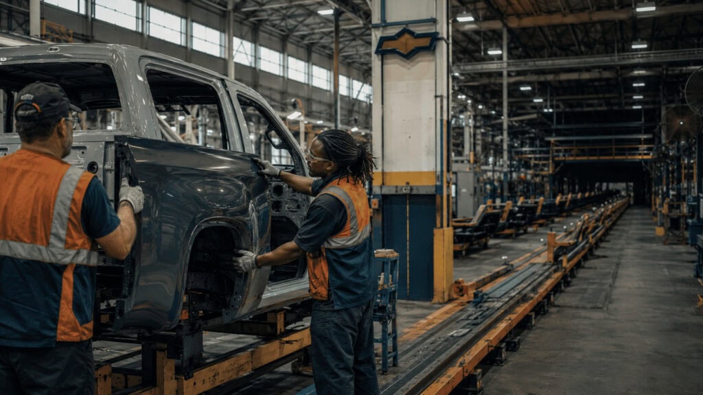 Workers on a General Motors assembly line with a long stretch of idle line behind them, Chevrolet and GMC branding visible on the plant floor.
