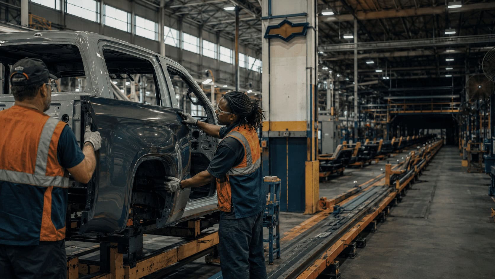 Workers on a General Motors assembly line with a long stretch of idle line behind them, Chevrolet and GMC branding visible on the plant floor.