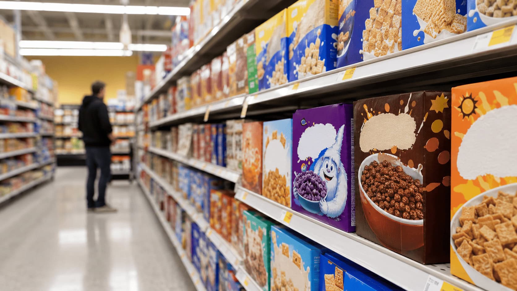 Packaged food boxes lining a US supermarket aisle, the products affected by new FDA ingredient disclosure rules