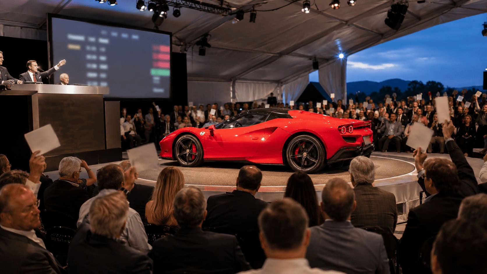 Auctioneer taking bids on a red mid-engine supercar under spotlights inside a Monterey Car Week auction tent, bidders raising paddles