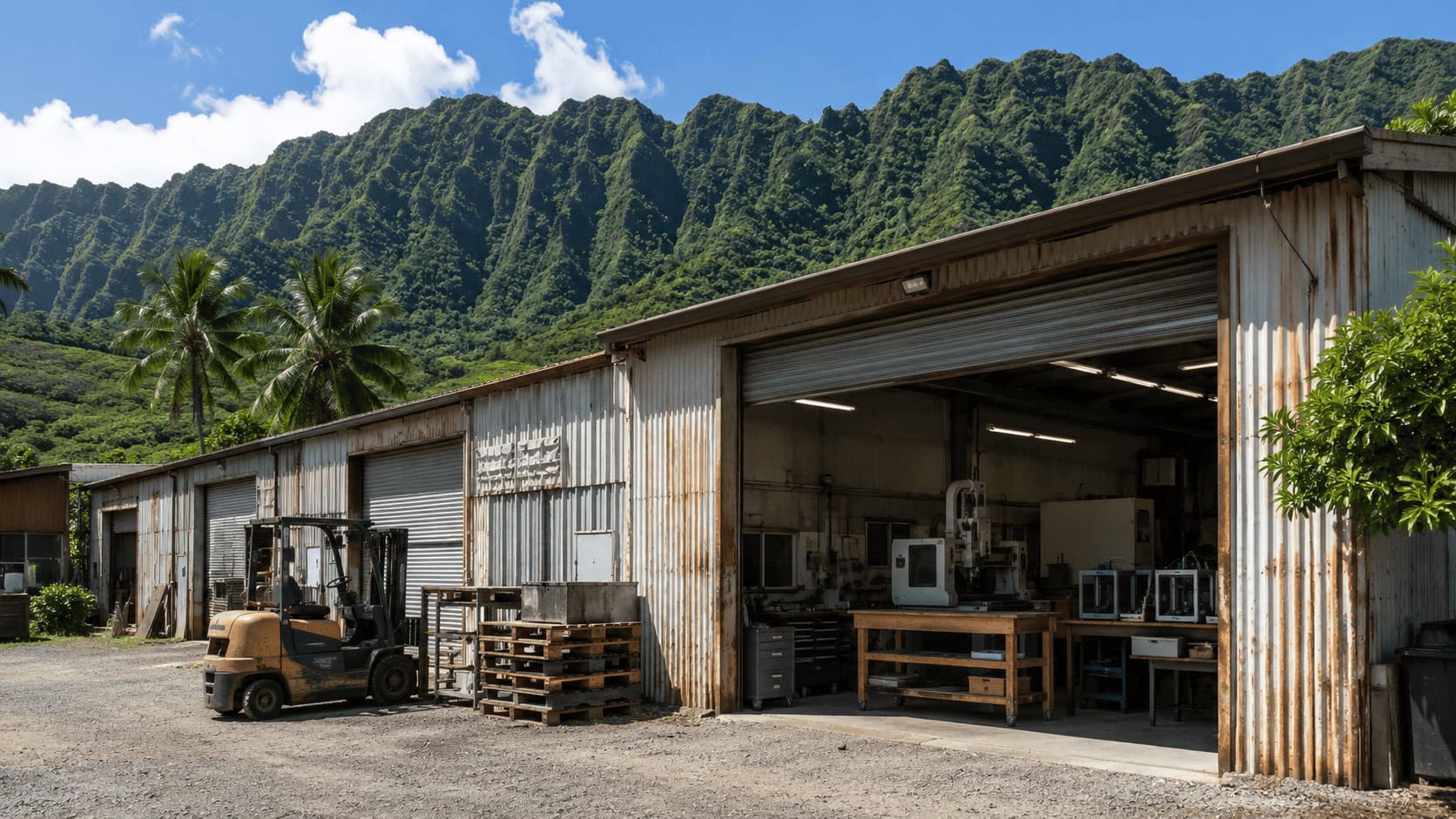 Corrugated-metal warehouse unit in an Oahu industrial park with its roll-up door open, CNC machinery and 3D printers inside, palm trees and a green ridgeline behind it
