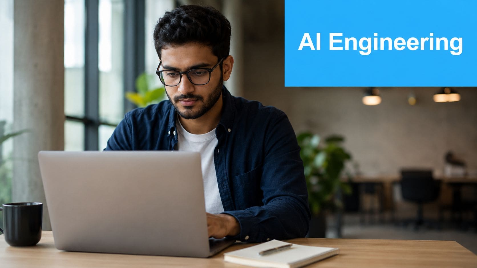Young man working on a laptop with AI Engineering text in background.