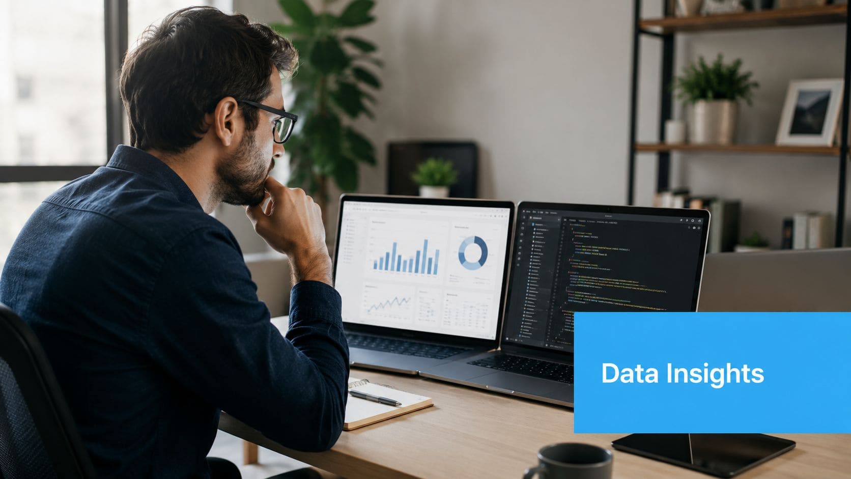 Business analyst working on data analysis with dual monitors showing graphs and code.