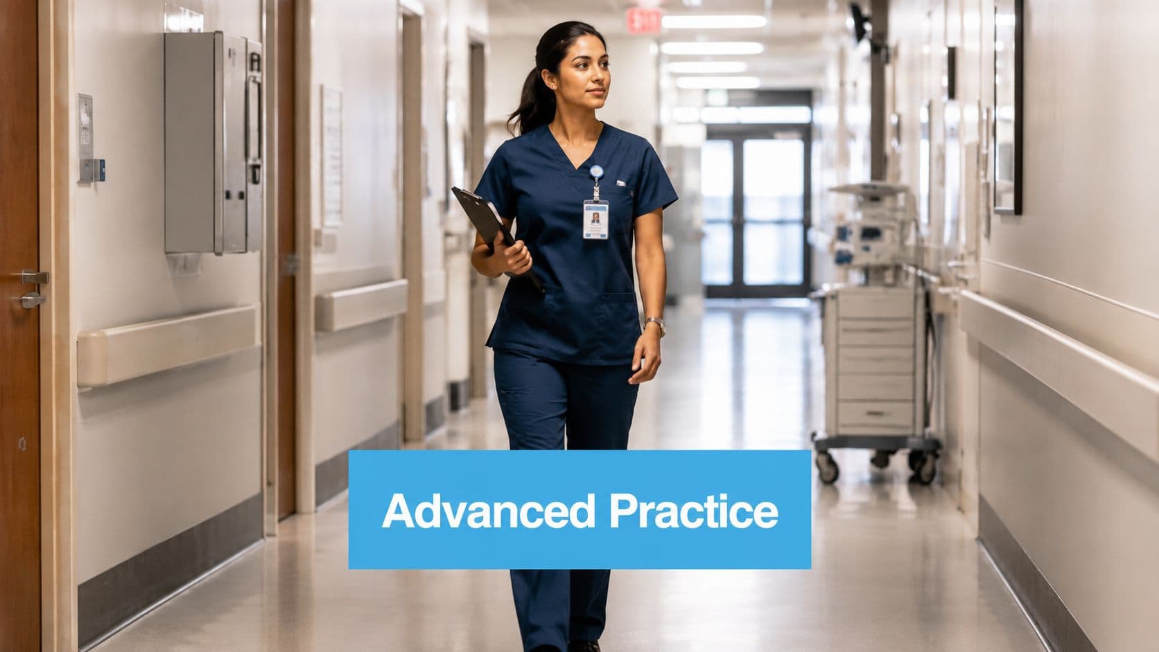 A healthcare professional walking down a hospital corridor holding a clipboard, representing advanced clinical nursing practice.