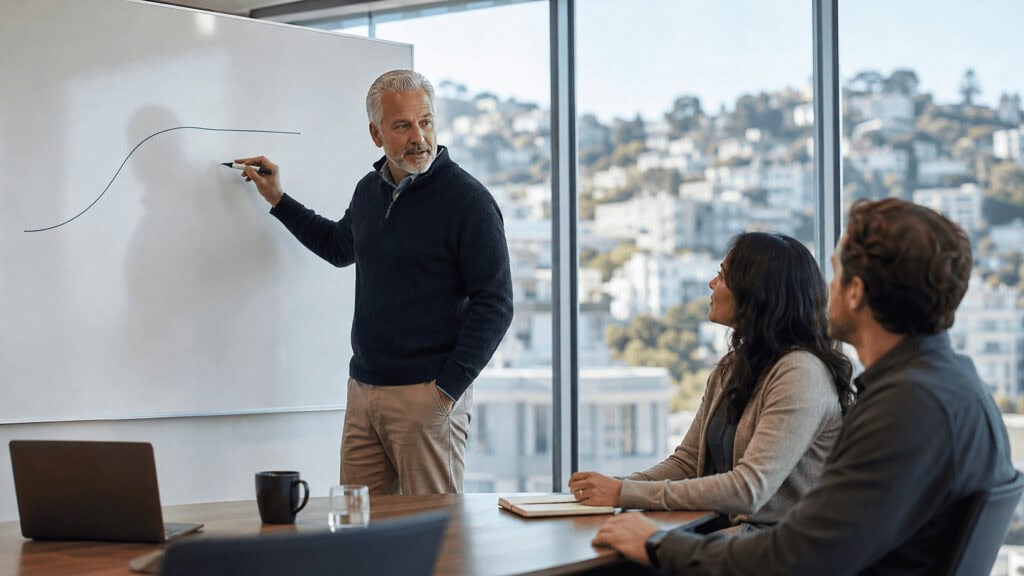 Executive at a glass-walled San Francisco conference room whiteboard drawing an ascending performance curve that flattens at the top, city hills visible through the window