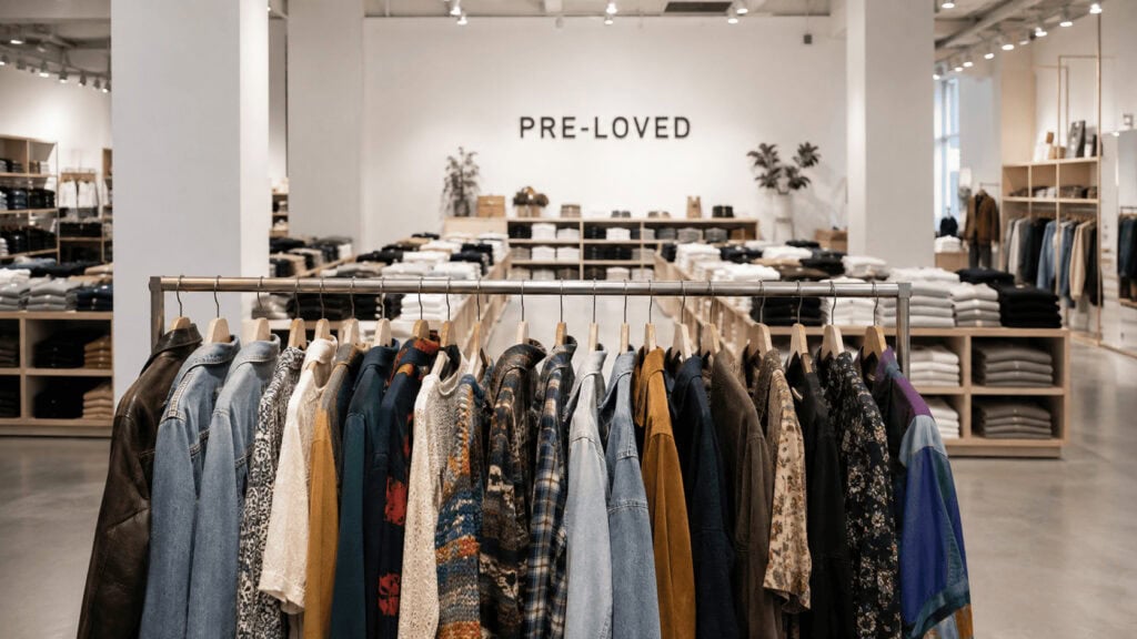 A small secondhand clothing rack inside a large fast-fashion retail store.