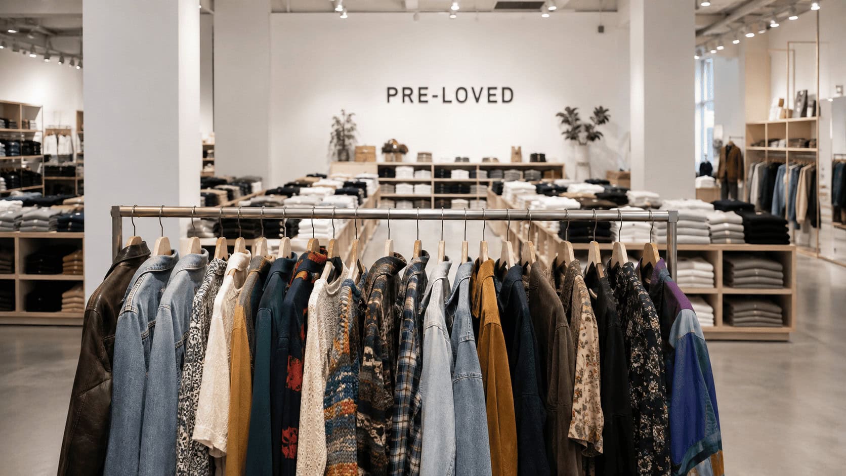 A small secondhand clothing rack inside a large fast-fashion retail store.