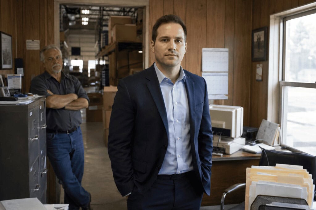 A young buyer in a suit stands in the front office of a small family-owned industrial supply company as the retiring founder watches from across the room.