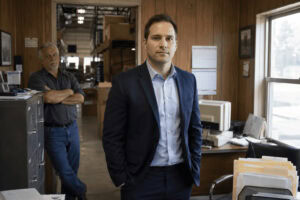 A young buyer in a suit stands in the front office of a small family-owned industrial supply company as the retiring founder watches from across the room.