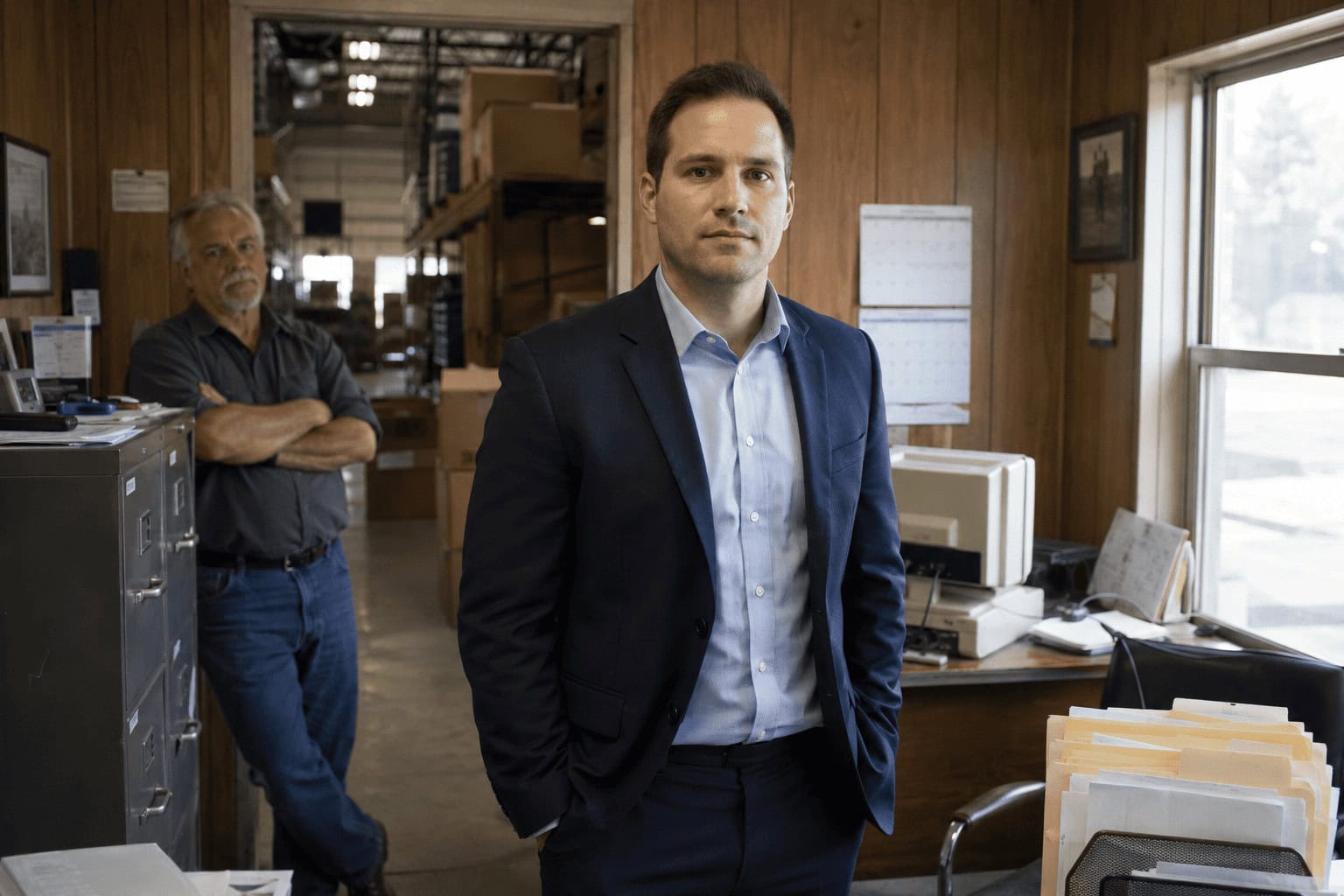 A young buyer in a suit stands in the front office of a small family-owned industrial supply company as the retiring founder watches from across the room.