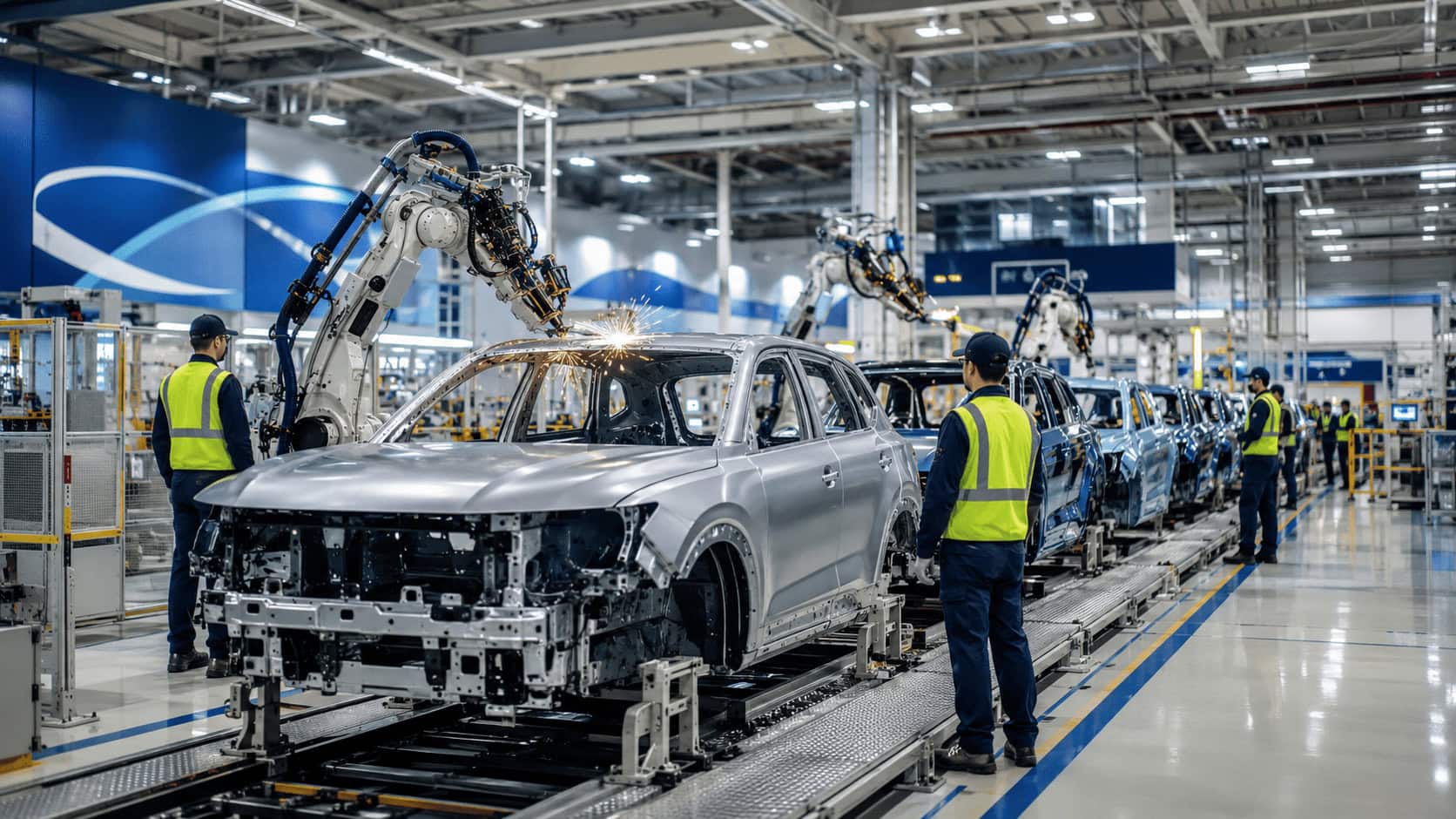 Hyundai Motor Group Metaplant America assembly line in Ellabell, Georgia, with vehicles moving down the line under Hyundai branding