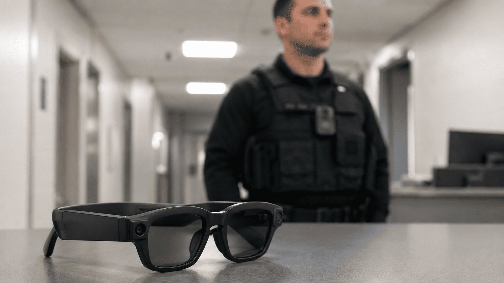 Federal law enforcement officer wearing an Axon body-worn camera clipped to a uniform vest, with a pair of Ray-Ban style smart glasses resting on a desk in the foreground