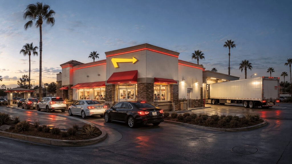 In-N-Out restaurant at dusk with a full drive-thru line and a company refrigerated delivery truck at the rear service bay.