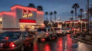 Cars queued at an In-N-Out drive-thru at dusk, illustrating the chain's per-restaurant volume advantage.