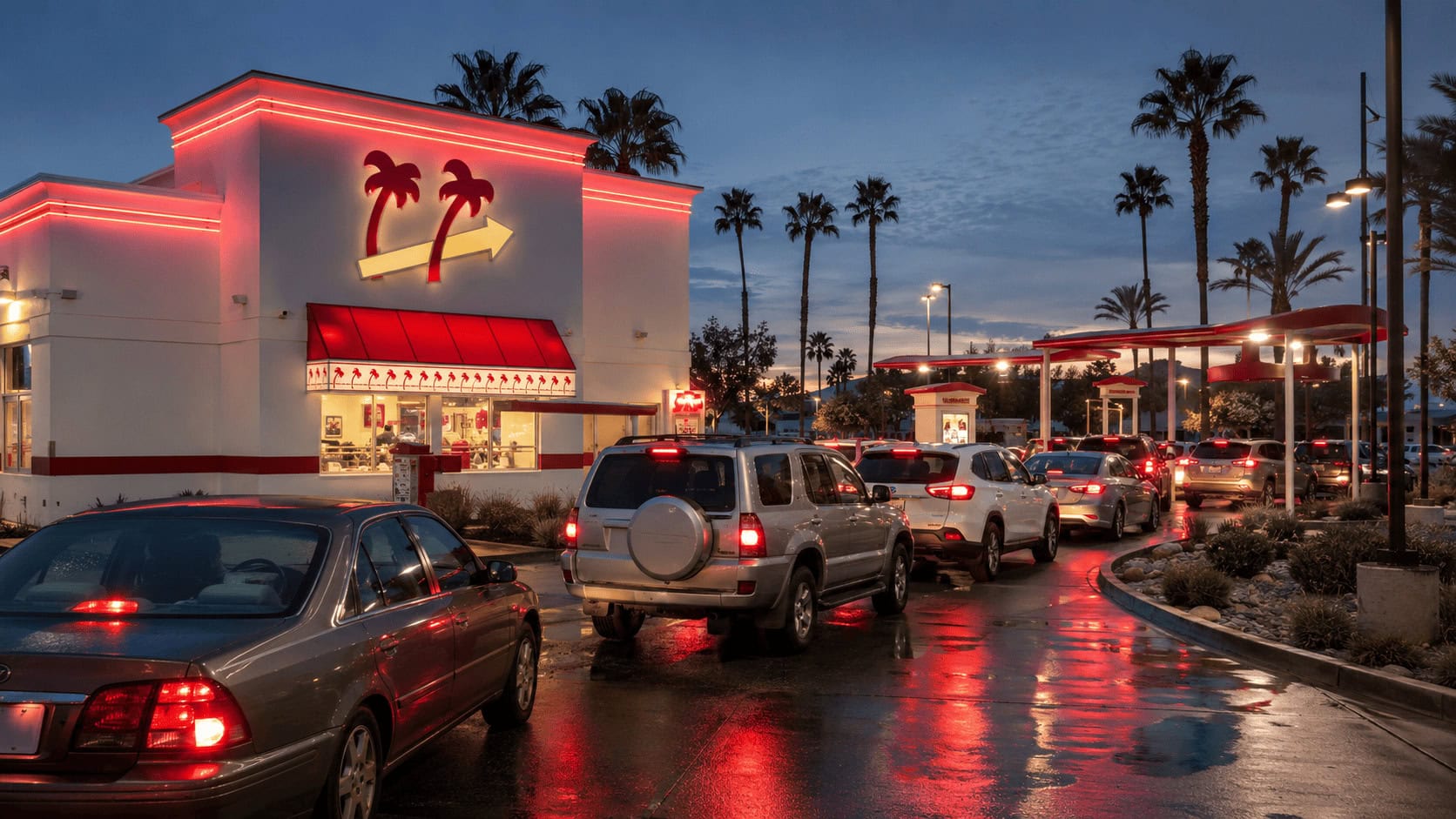 Cars queued at an In-N-Out drive-thru at dusk, illustrating the chain's per-restaurant volume advantage.
