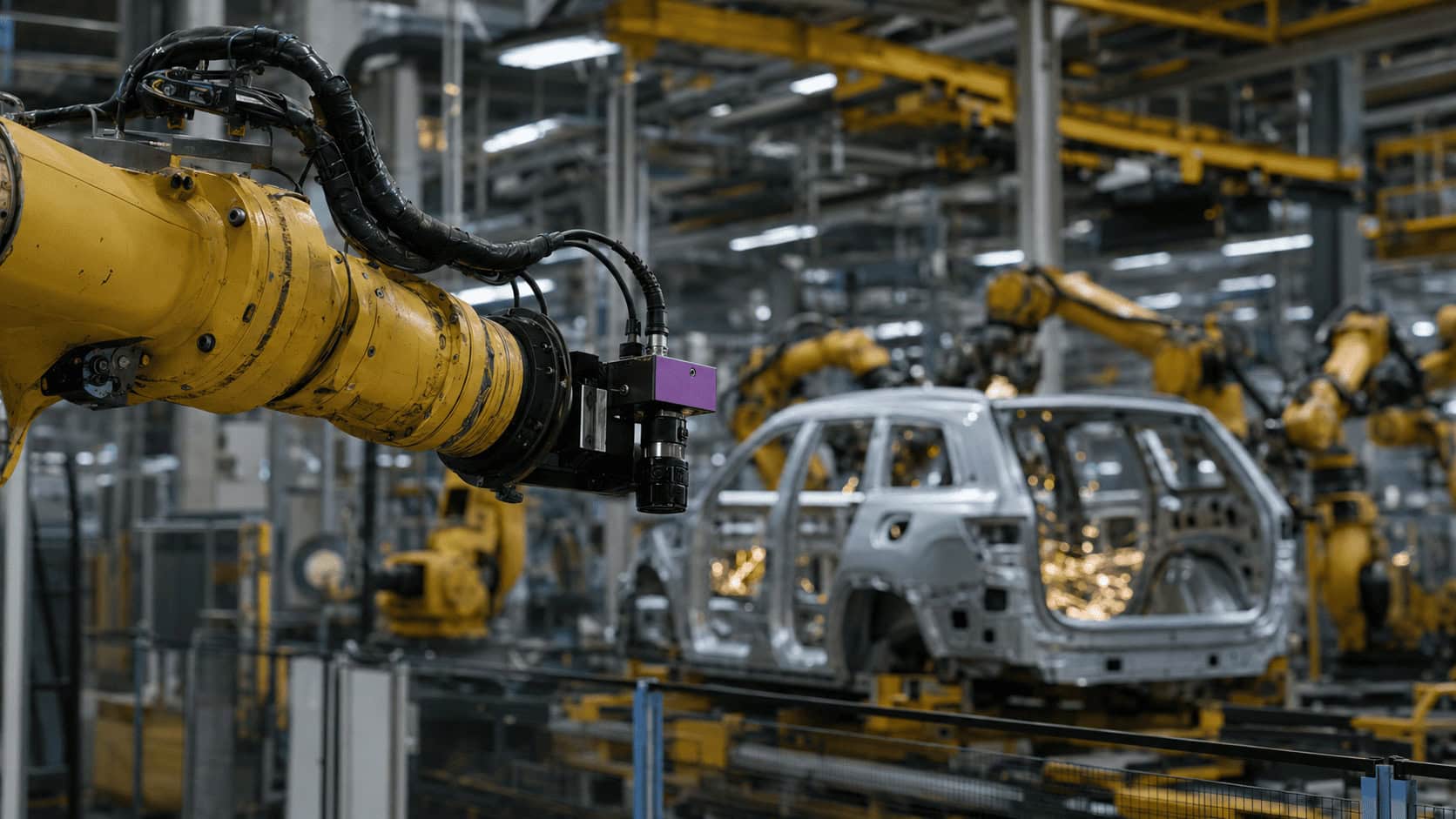 A compact 3D vision camera mounted on the wrist of a yellow industrial robot arm inside an automotive body shop, with welding sparks and car body panels in the background