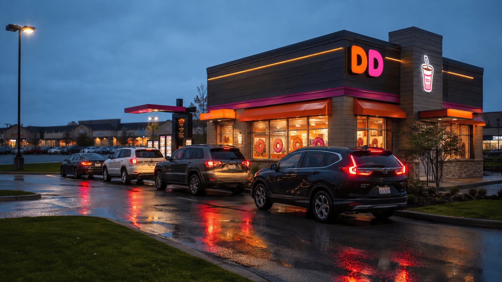 Exterior of a Dunkin' drive-thru restaurant at dawn with cars queued at the order board.