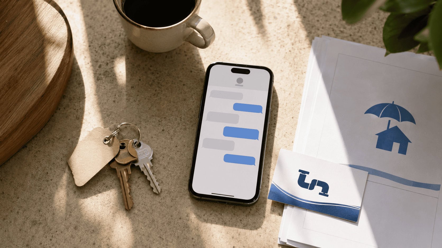 A smartphone on a kitchen counter showing a text-message thread with an AI assistant, surrounded by a house key, an insurance policy folder and a contractor's business card.