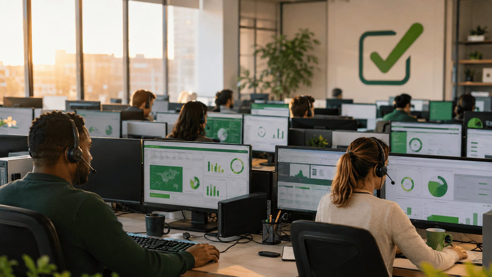 Tax experts working at monitors in an Intuit TurboTax Live support center.