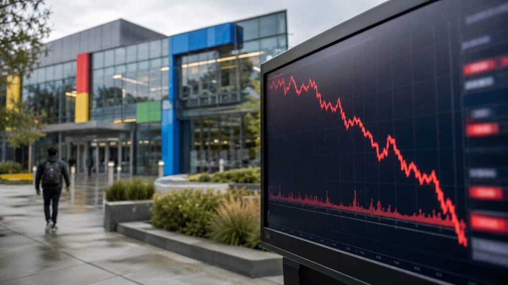 Google campus signage outside a Mountain View office building on a grey morning, with a trading terminal in the foreground showing Alphabet shares falling